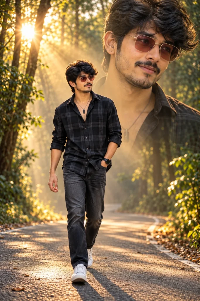 Cinematic Golden Hour Forest Portrait of a Stylish Indian Man